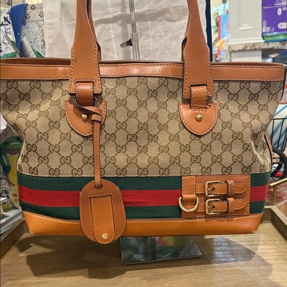 Gucci Beige and Brown Tote with Green and Red Stripes - Picture 2 of 5